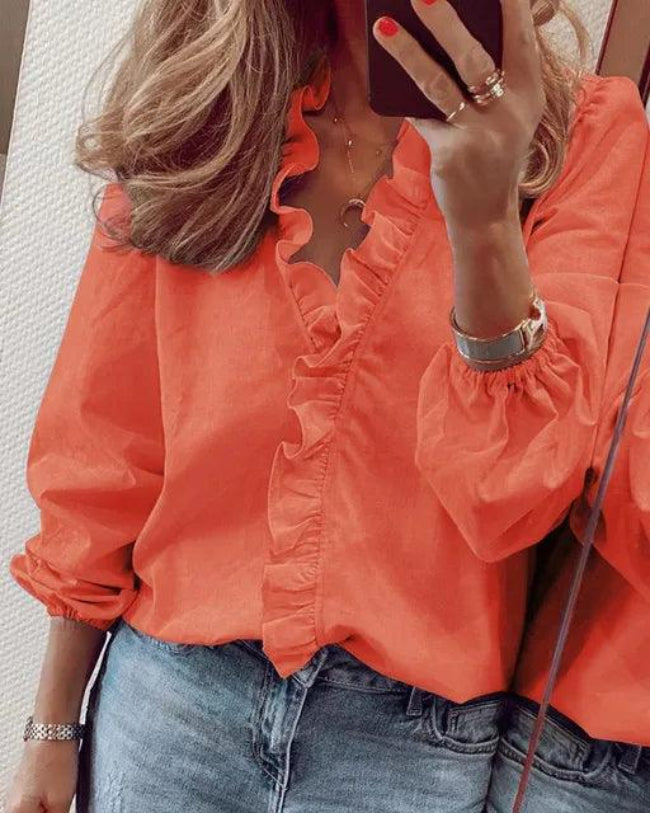 Women's Ruffle Trim Blouse - Long Sleeve V-Neck Button Front