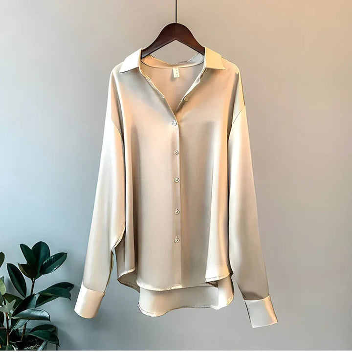 Women's Satin Finish Button Front Blouse - Long Sleeve Pointed Collar