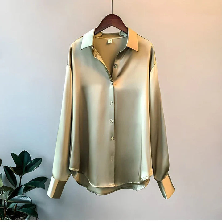 Women's Satin Finish Button Front Blouse - Long Sleeve Pointed Collar