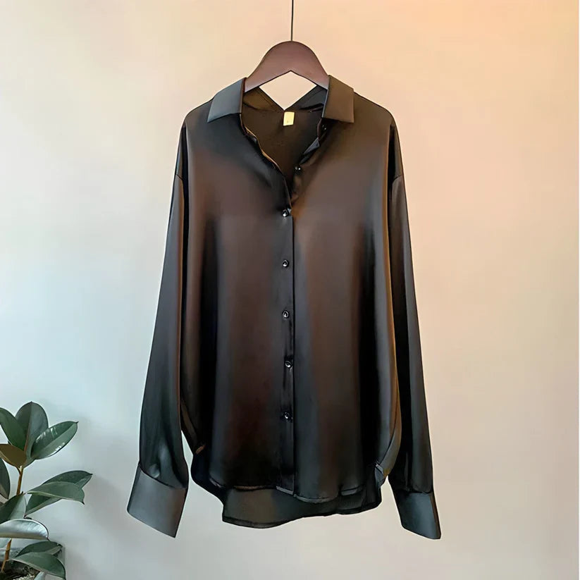 Women's Satin Finish Button Front Blouse - Long Sleeve Pointed Collar
