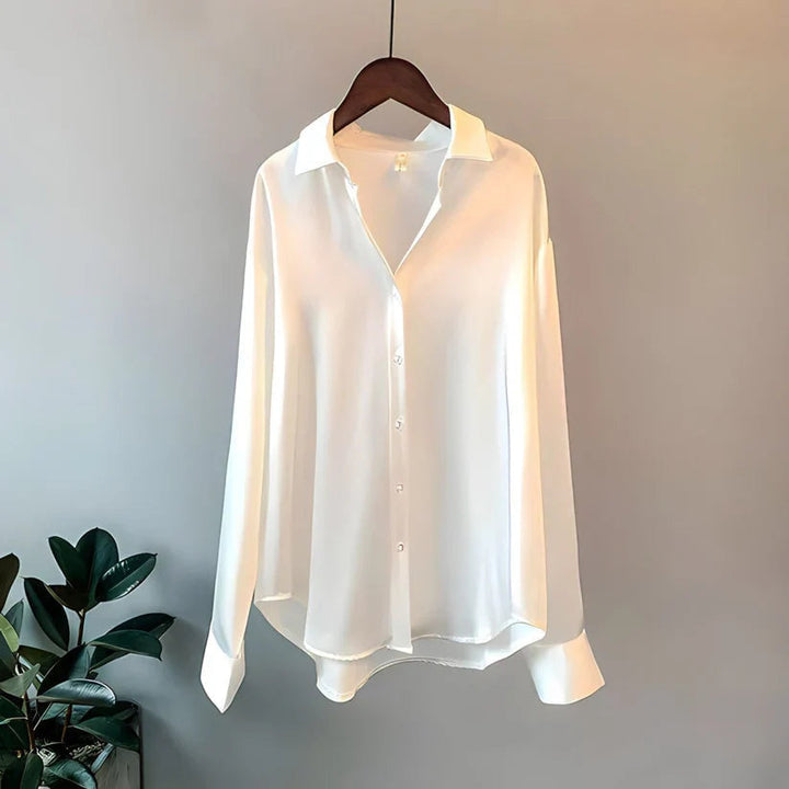 Women's Satin Finish Button Front Blouse - Long Sleeve Pointed Collar