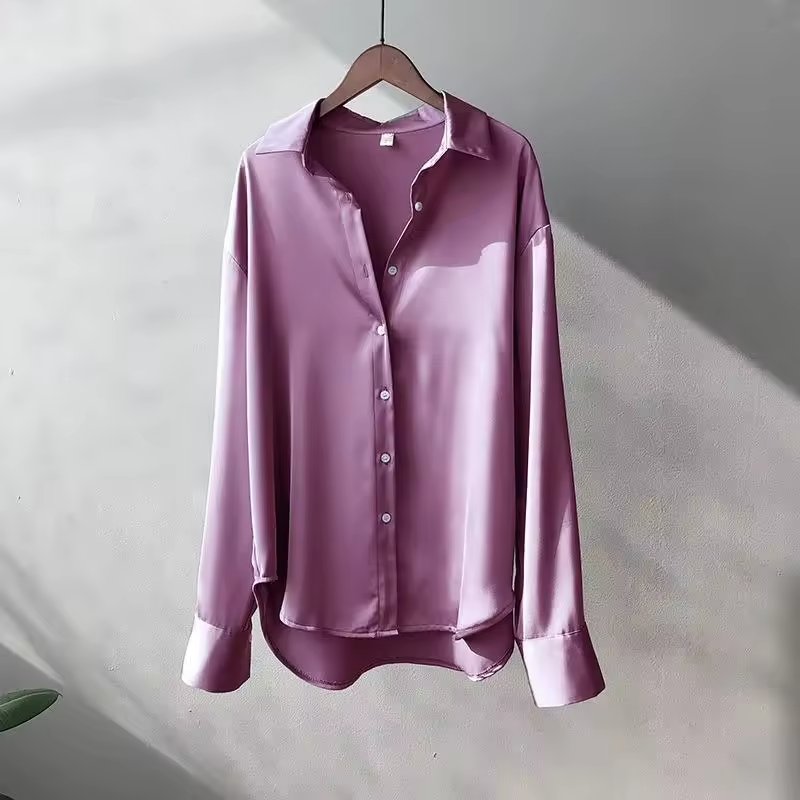 Women's Satin Finish Button Front Blouse - Long Sleeve Pointed Collar