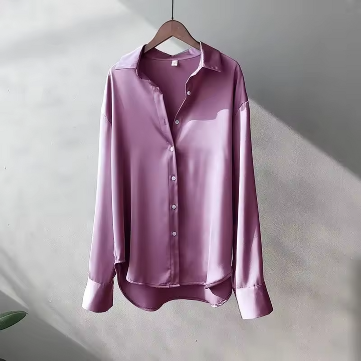 Women's Satin Finish Button Front Blouse - Long Sleeve Pointed Collar