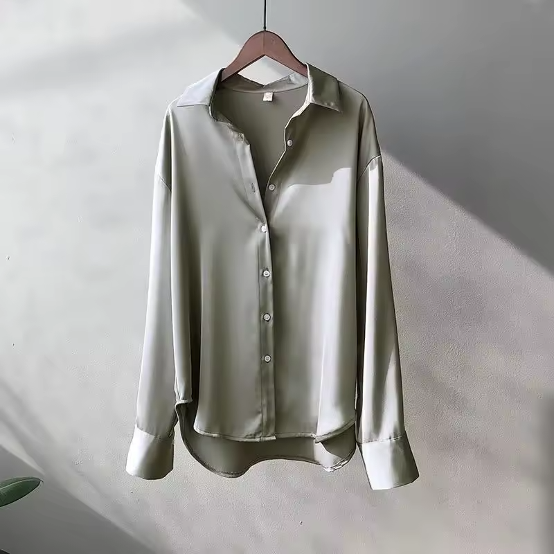 Women's Satin Finish Button Front Blouse - Long Sleeve Pointed Collar