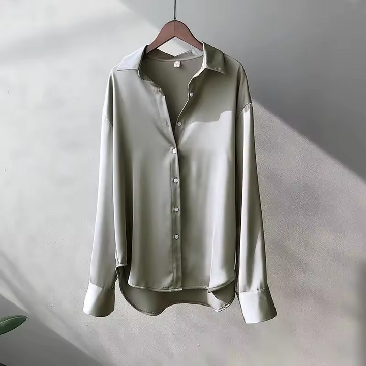 Women's Satin Finish Button Front Blouse - Long Sleeve Pointed Collar