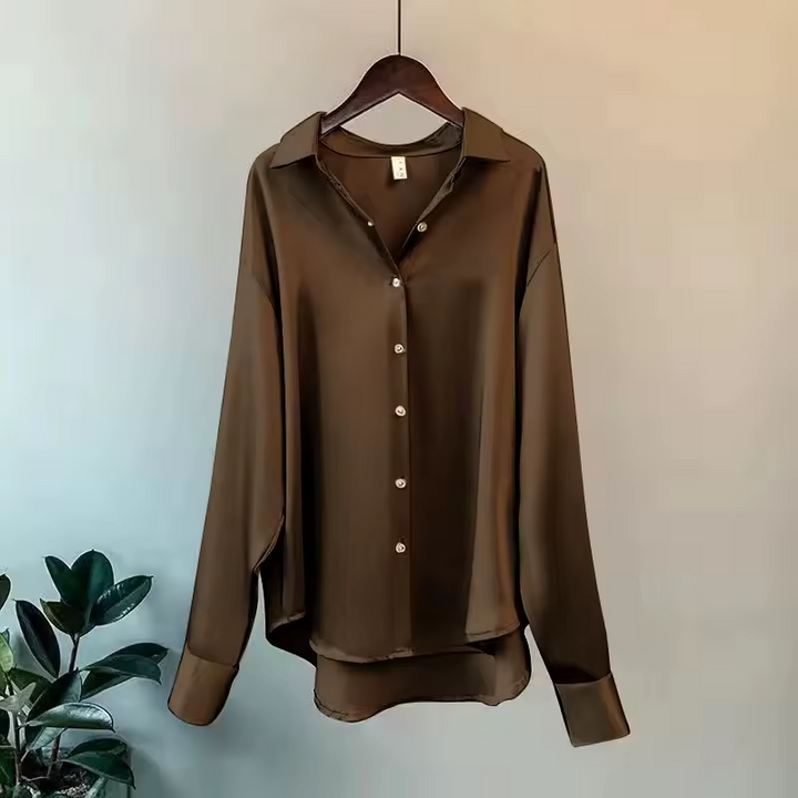 Women's Satin Finish Button Front Blouse - Long Sleeve Pointed Collar