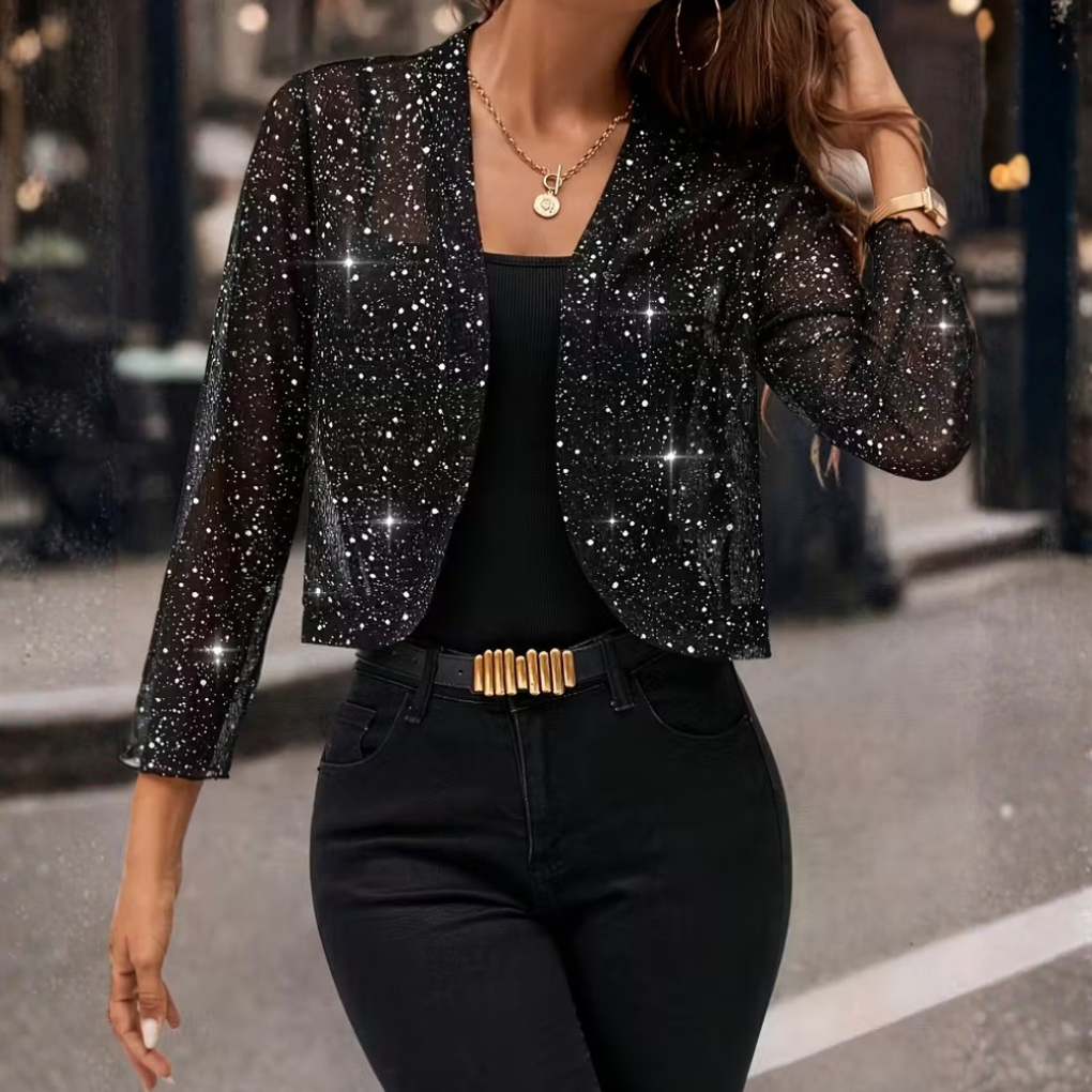 Women's Sequin Cropped Jacket - Open Front Long Sleeve