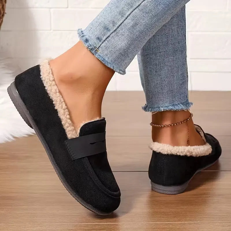 Women's Sherpa Lined Slip-On Moccasin - Flat Suede Finish Loafer Slipper