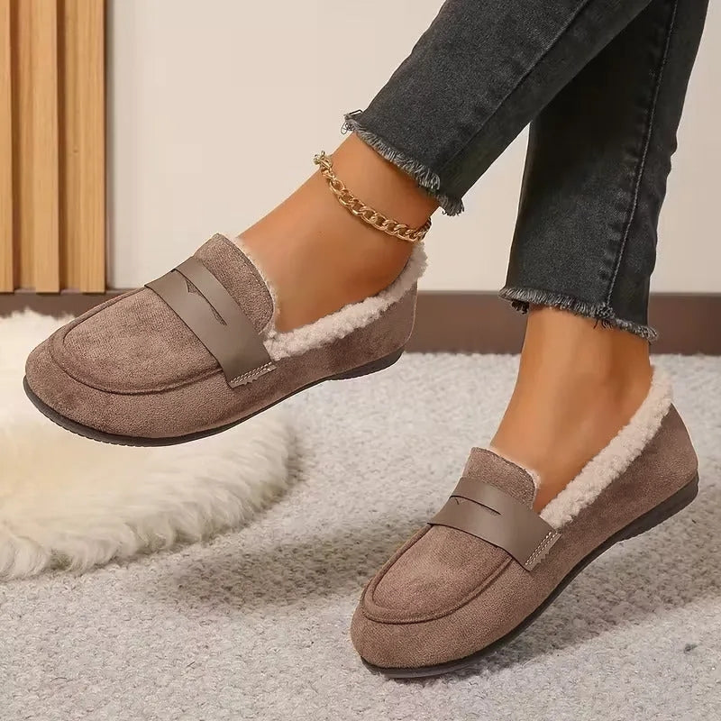 Women's Sherpa Lined Slip-On Moccasin - Flat Suede Finish Loafer Slipper