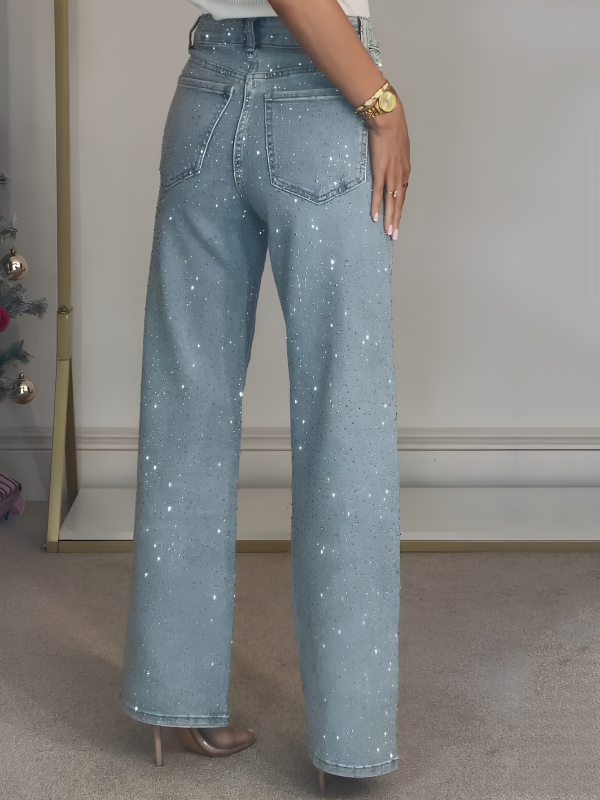 Women's Straight Leg Jeans - High Waist Rhinestone Wide Leg Denim