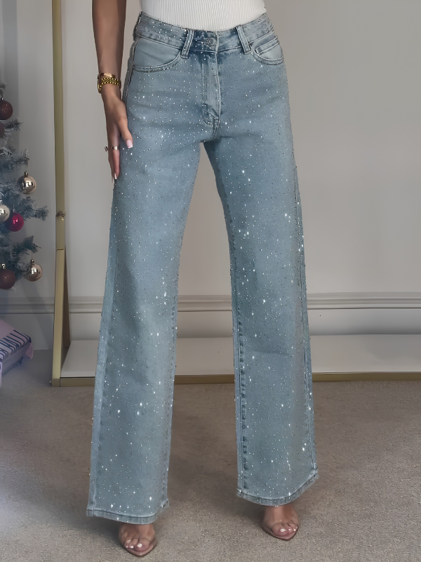 Women's Straight Leg Jeans - High Waist Rhinestone Wide Leg Denim