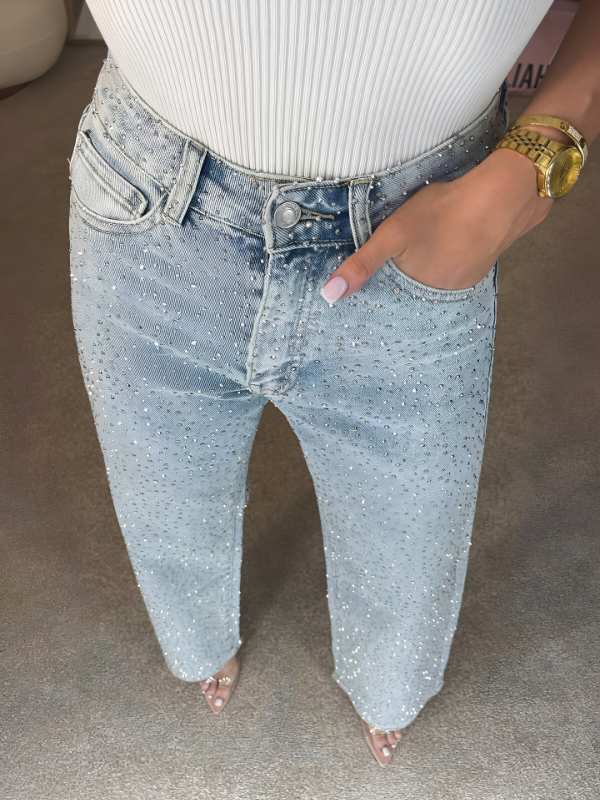 Women's Straight Leg Jeans - High Waist Rhinestone Wide Leg Denim