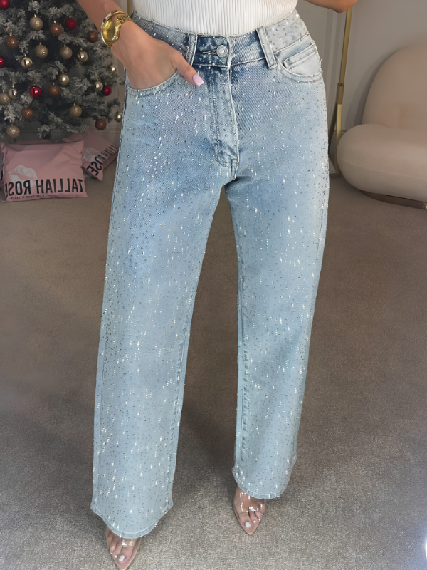 Women's Straight Leg Jeans - High Waist Rhinestone Wide Leg Denim