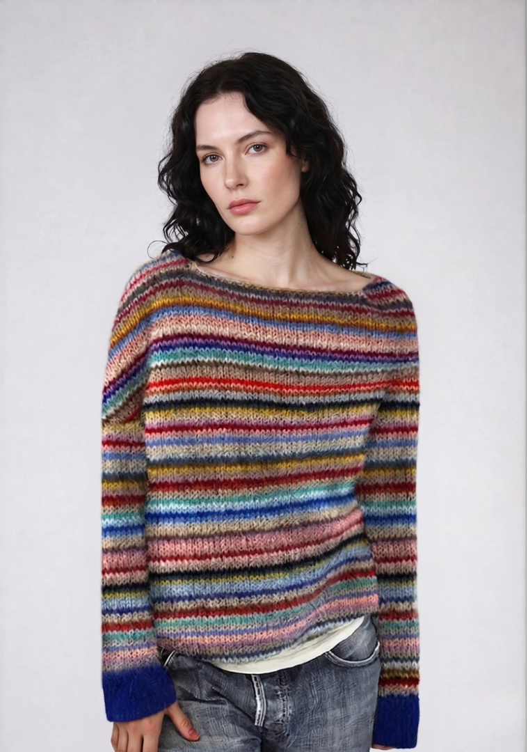 Women's Striped Knit Sweater - Boat Neck Long Sleeve