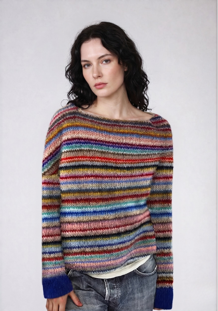 Women's Striped Knit Sweater - Boat Neck Long Sleeve