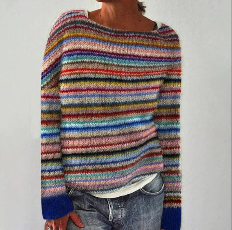 Women's Striped Knit Sweater - Boat Neck Long Sleeve