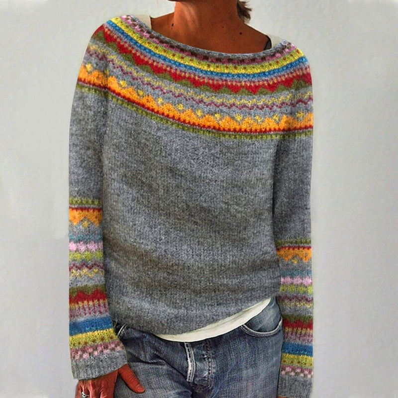 Women's Striped Knit Sweater - Boat Neck Long Sleeve