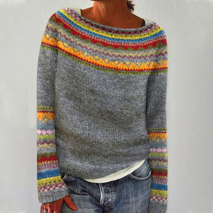 Women's Striped Knit Sweater - Boat Neck Long Sleeve
