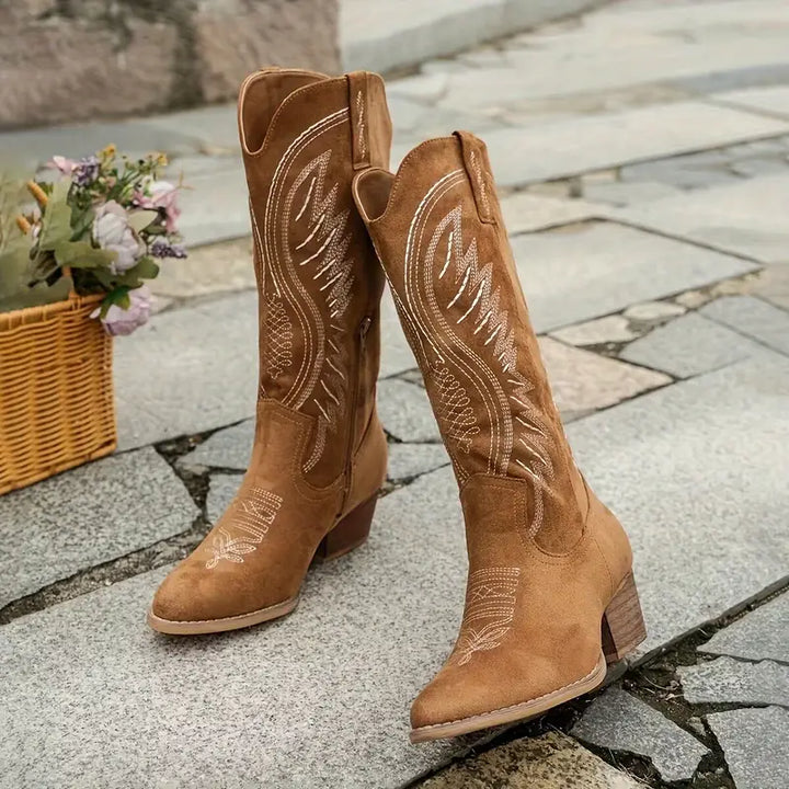Women's Suede Cowboy Boots - Knee-High Western Embroidered Block Heel