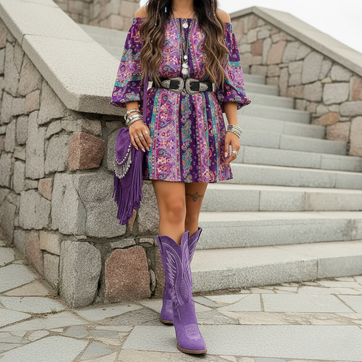 Women's Suede Cowboy Boots - Knee-High Western Embroidered Block Heel