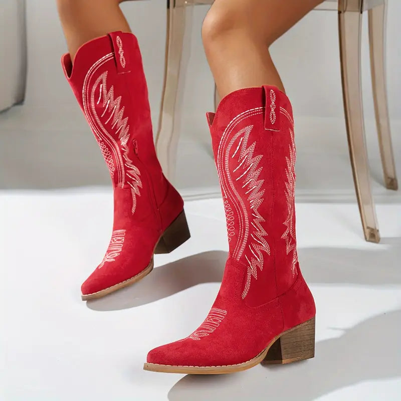 Women's Suede Cowboy Boots - Knee-High Western Embroidered Block Heel