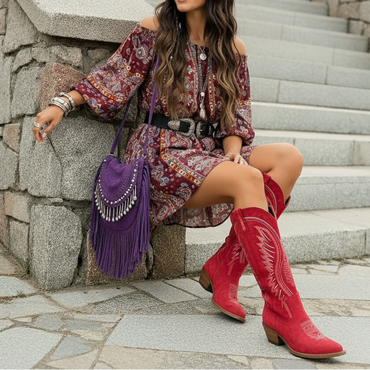 Women's Suede Cowboy Boots - Knee-High Western Embroidered Block Heel
