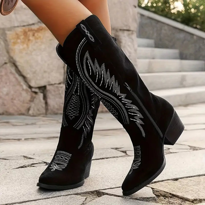 Women's Suede Cowboy Boots - Knee-High Western Embroidered Block Heel