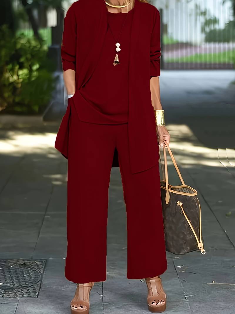 Women's Three Piece Trouser Set Open Front Cardigan Top And Wide Leg Pants