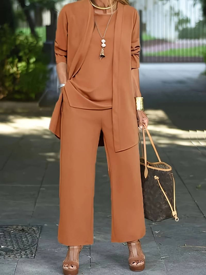 Women's Three Piece Trouser Set Open Front Cardigan Top And Wide Leg Pants