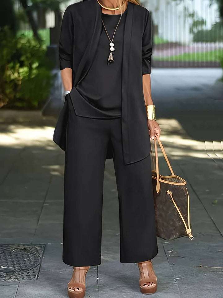 Women's Three Piece Trouser Set Open Front Cardigan Top And Wide Leg Pants
