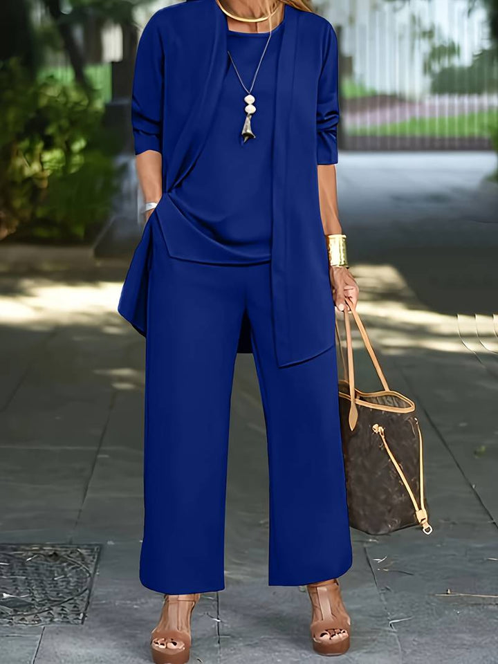 Women's Three Piece Trouser Set Open Front Cardigan Top And Wide Leg Pants