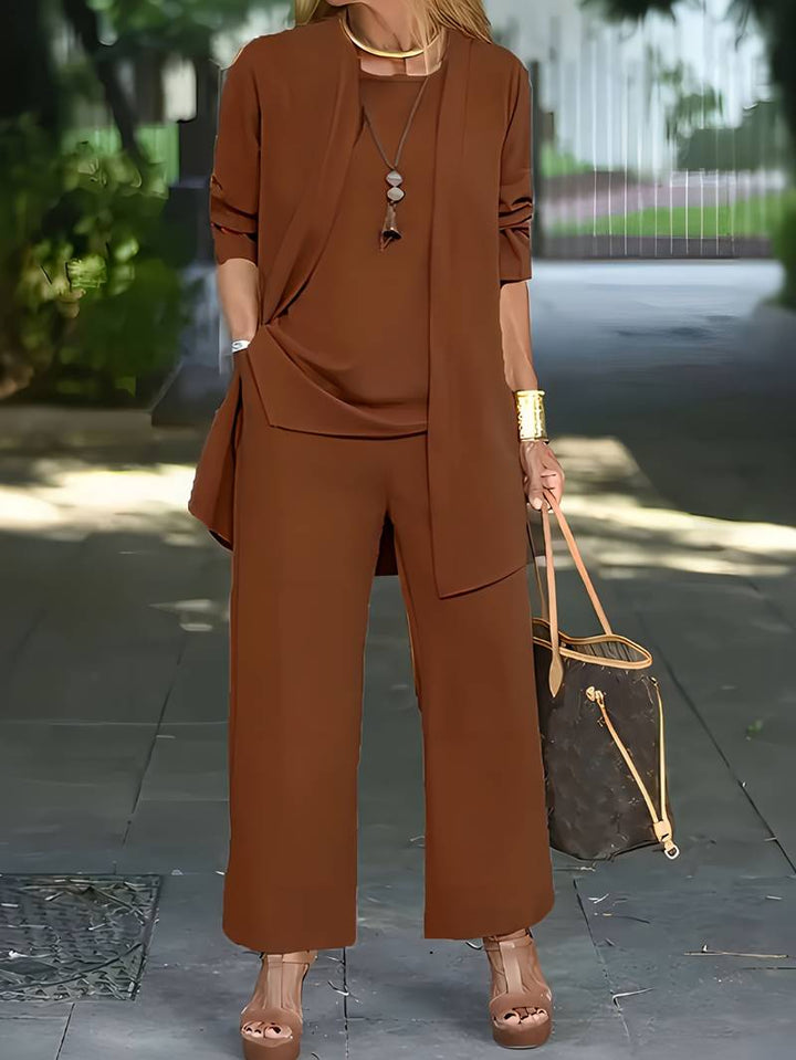 Women's Three Piece Trouser Set Open Front Cardigan Top And Wide Leg Pants