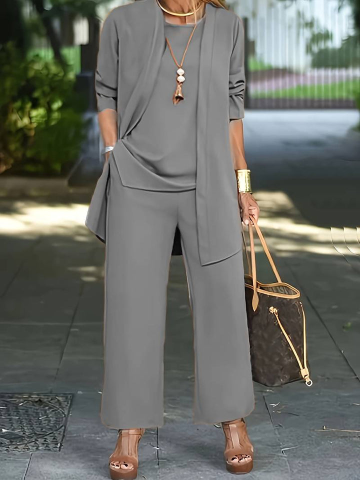 Women's Three Piece Trouser Set Open Front Cardigan Top And Wide Leg Pants