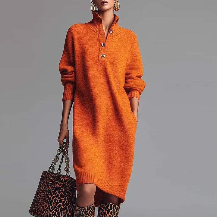 Women's Turtleneck Knit Midi Dress - Drop Shoulder Ribbed Hem
