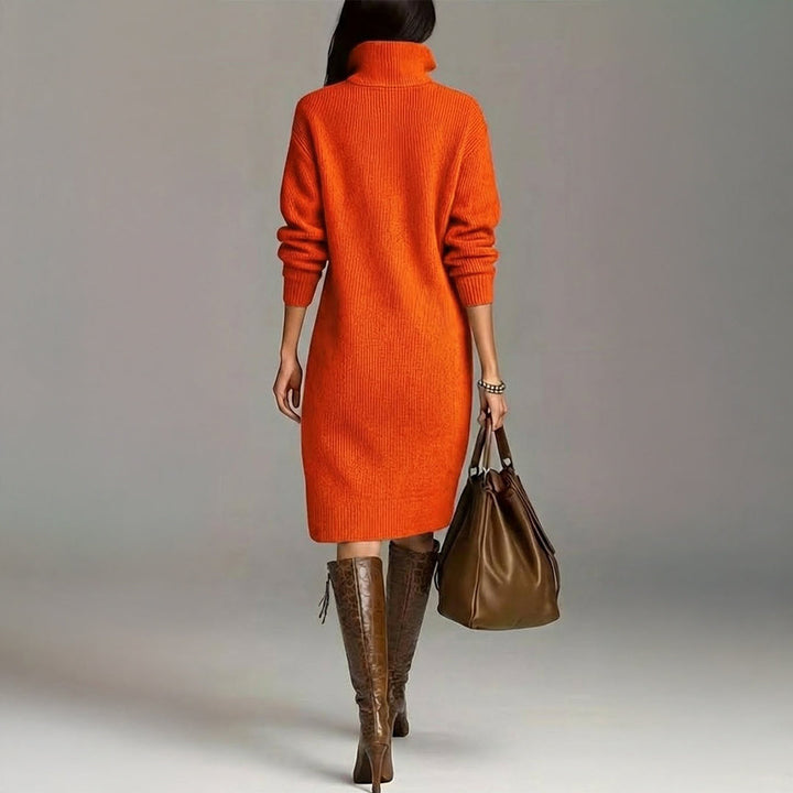 Women's Turtleneck Knit Midi Dress - Drop Shoulder Ribbed Hem