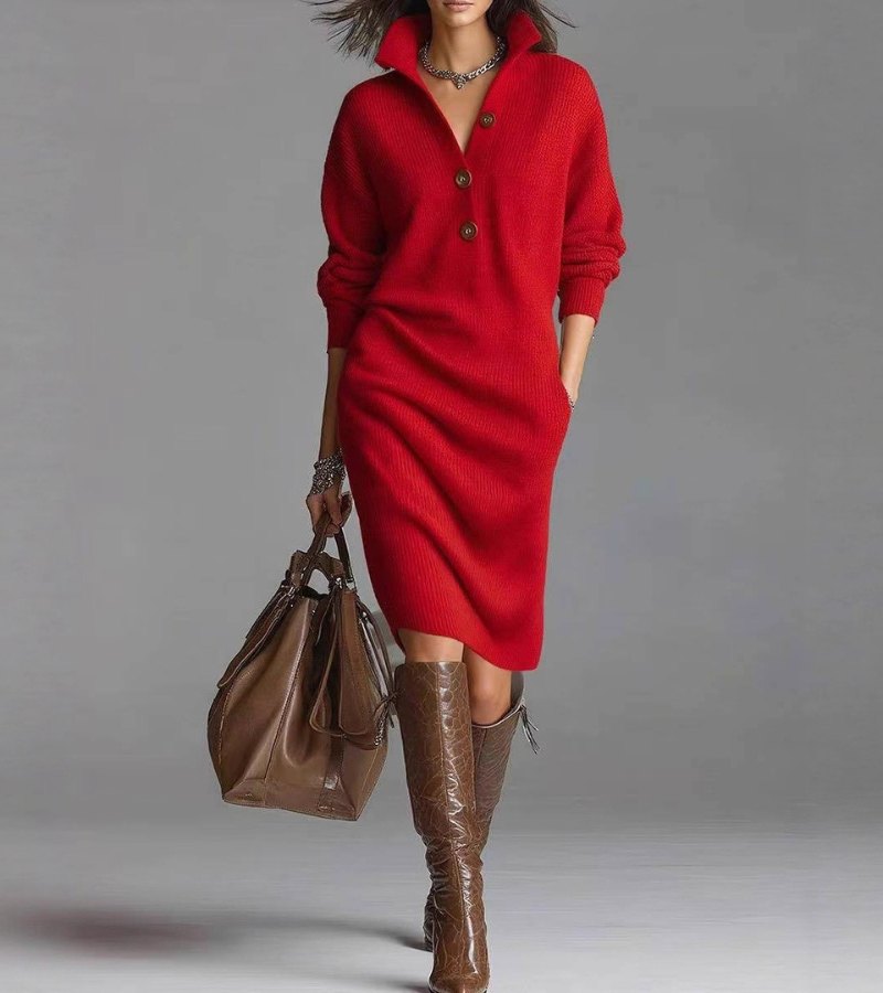 Women's Turtleneck Knit Midi Dress - Drop Shoulder Ribbed Hem