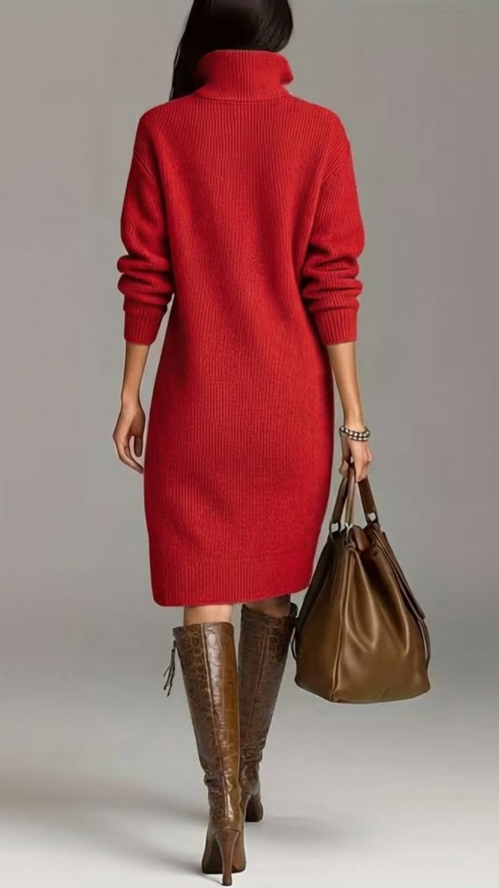 Women's Turtleneck Knit Midi Dress - Drop Shoulder Ribbed Hem