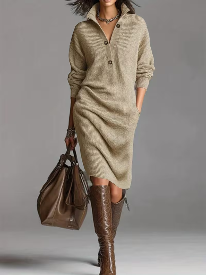 Women's Turtleneck Knit Midi Dress - Drop Shoulder Ribbed Hem