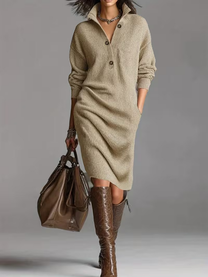 Women's Turtleneck Knit Midi Dress - Drop Shoulder Ribbed Hem