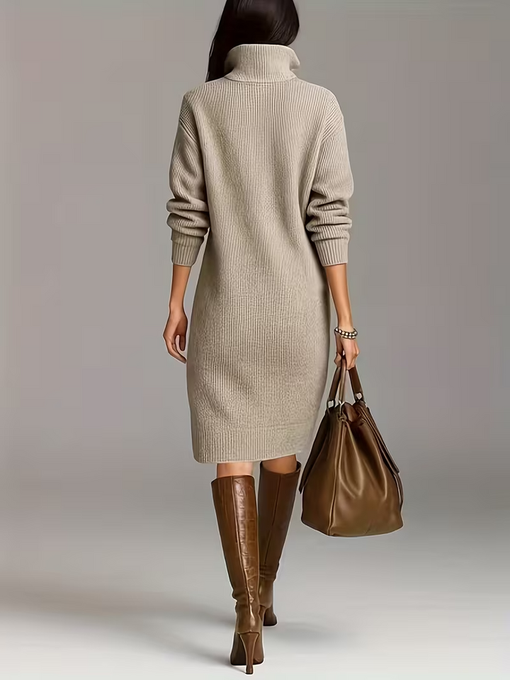 Women's Turtleneck Knit Midi Dress - Drop Shoulder Ribbed Hem
