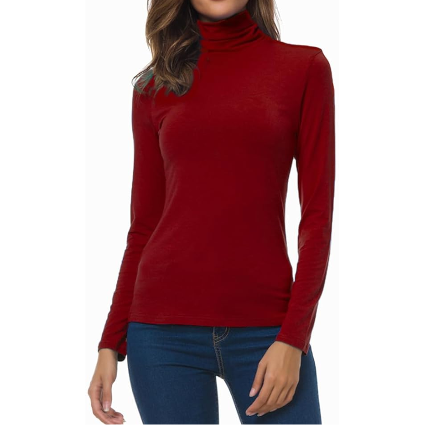 Women's Turtleneck Long Sleeve Top - Slim Fit Stretch Jersey Pullover