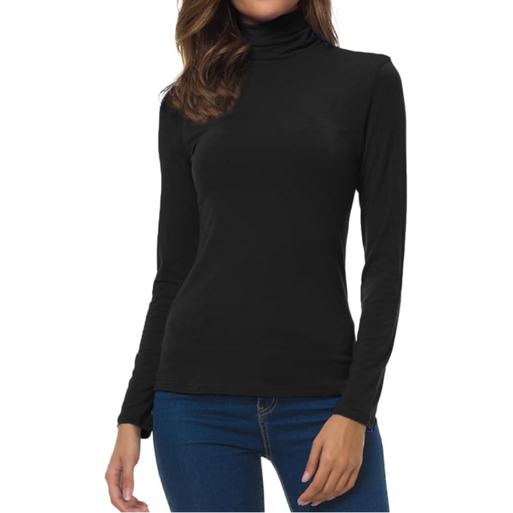Women's Turtleneck Long Sleeve Top - Slim Fit Stretch Jersey Pullover