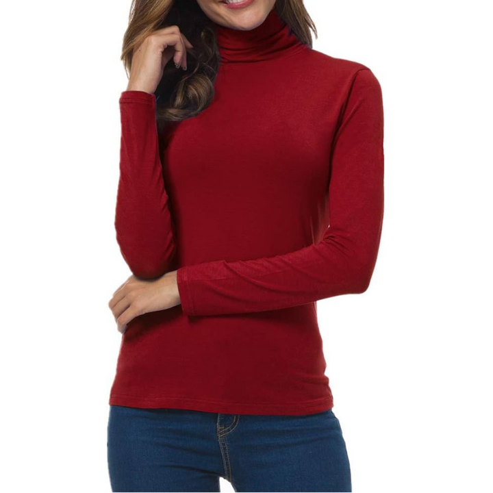 Women's Turtleneck Long Sleeve Top - Slim Fit Stretch Jersey Pullover