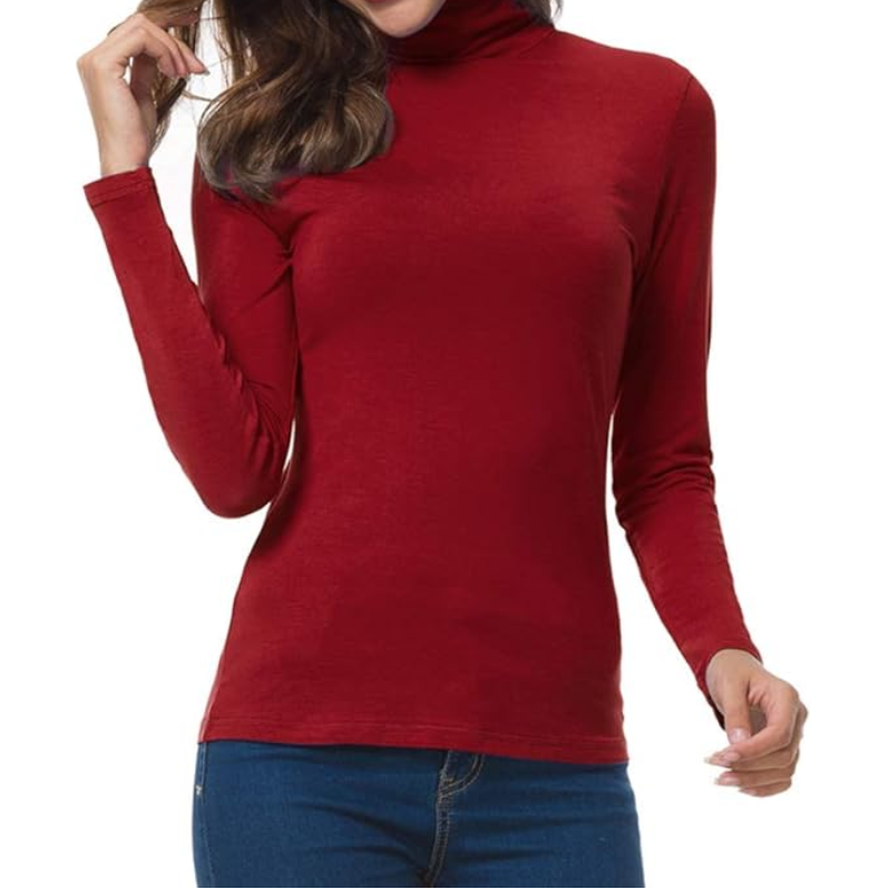 Women's Turtleneck Long Sleeve Top - Slim Fit Stretch Jersey Pullover
