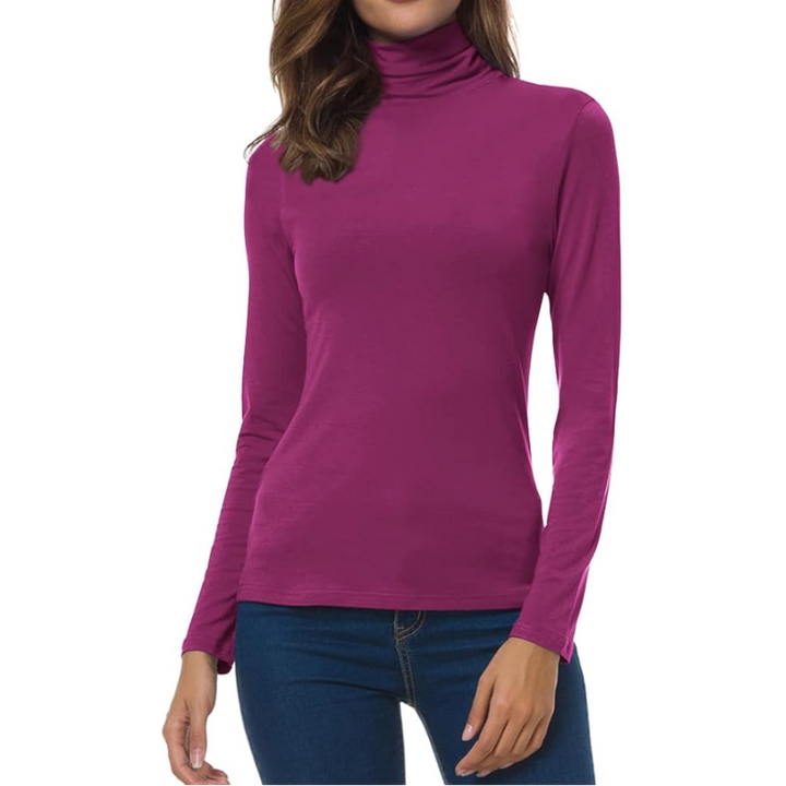 Women's Turtleneck Long Sleeve Top - Slim Fit Stretch Jersey Pullover