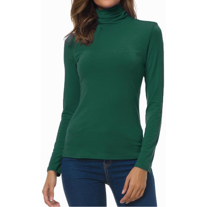 Women's Turtleneck Long Sleeve Top - Slim Fit Stretch Jersey Pullover