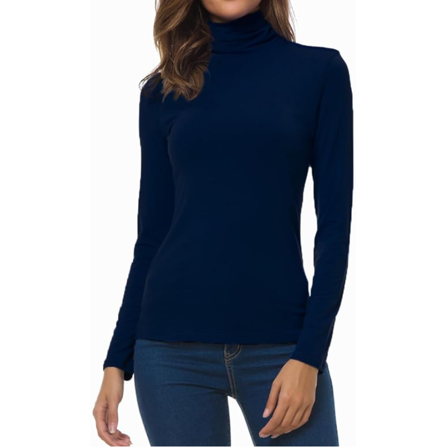 Women's Turtleneck Long Sleeve Top - Slim Fit Stretch Jersey Pullover