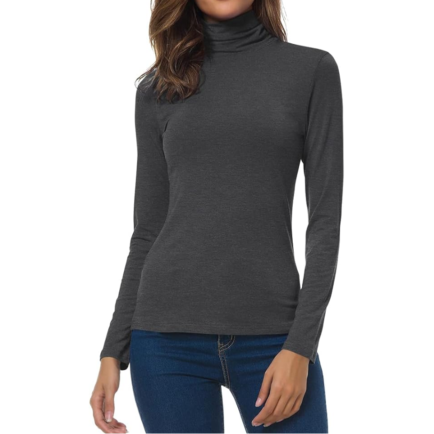 Women's Turtleneck Long Sleeve Top - Slim Fit Stretch Jersey Pullover