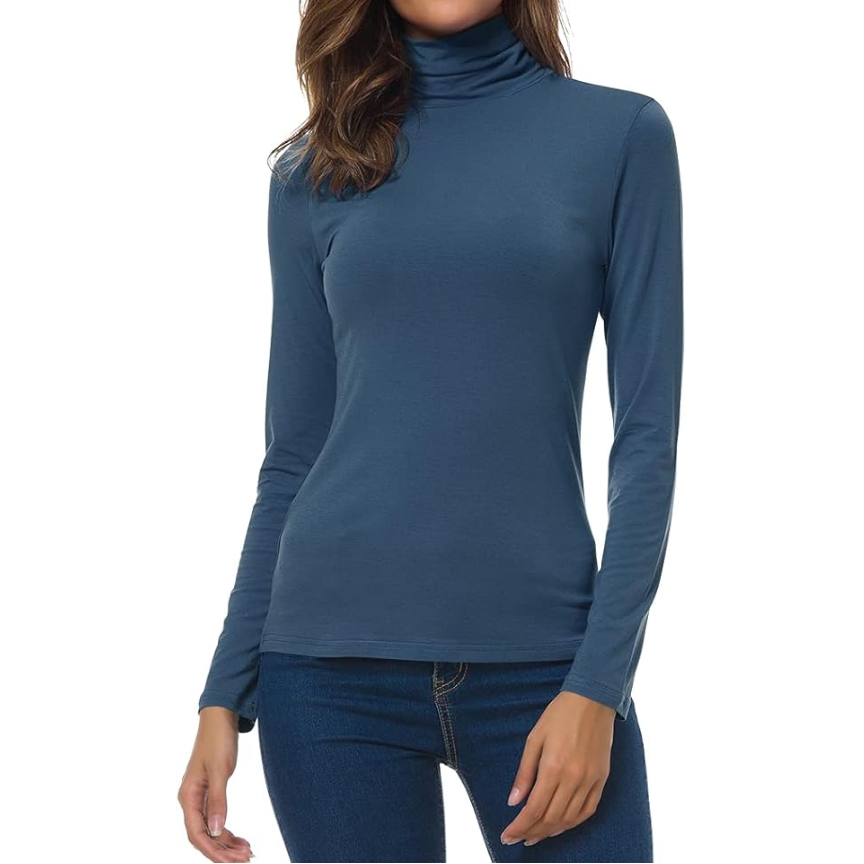 Women's Turtleneck Long Sleeve Top - Slim Fit Stretch Jersey Pullover