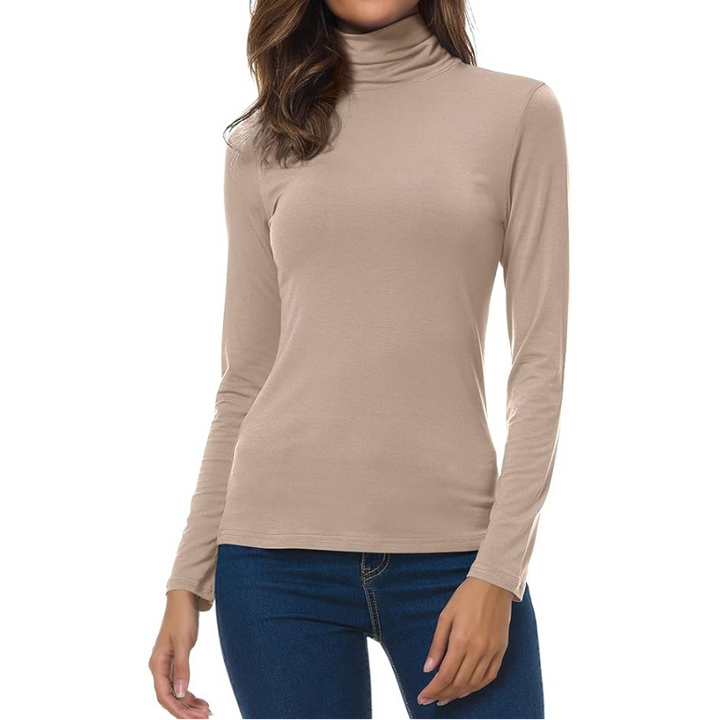 Women's Turtleneck Long Sleeve Top - Slim Fit Stretch Jersey Pullover